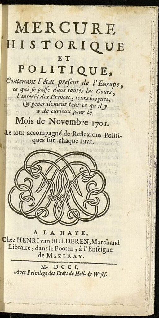 Miniatura de Mercure Historique et Politique : contenant l´état present de l´Europe de noviembre de 1701
