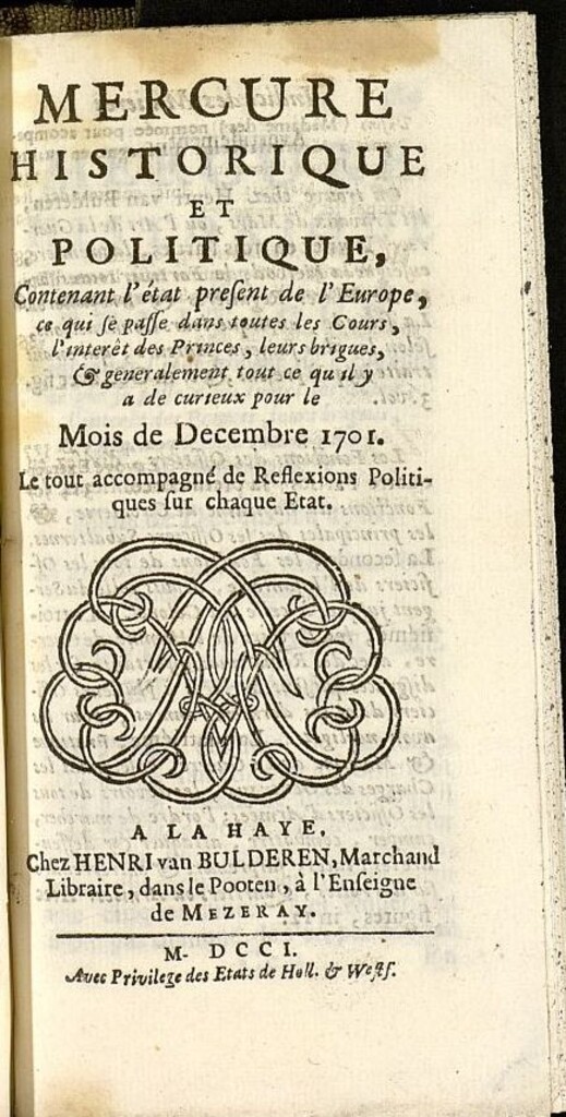 Miniatura de Mercure Historique et Politique : contenant l´état present de l´Europe de diciembre de 1701