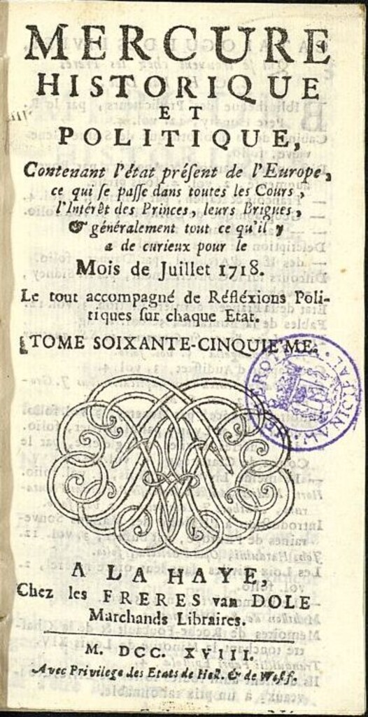 Miniatura de Mercure Historique et Politique : contenant l´état present de l´Europe de julio de 1718
