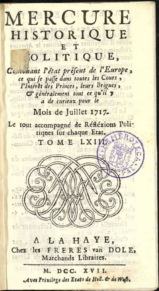 Miniatura de Mercure Historique et Politique : contenant l´état present de l´Europe de julio de 1717
