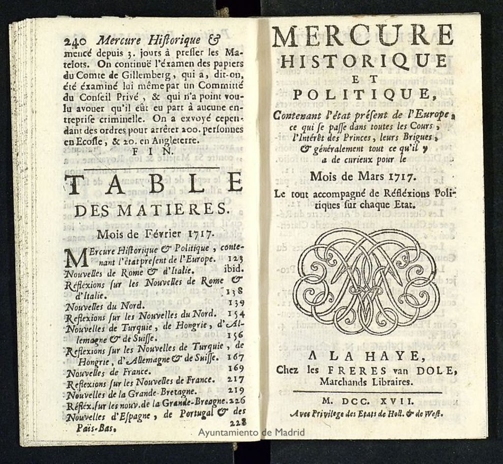 Miniatura de Mercure Historique et Politique : contenant l´état present de l´Europe de marzo de 1717