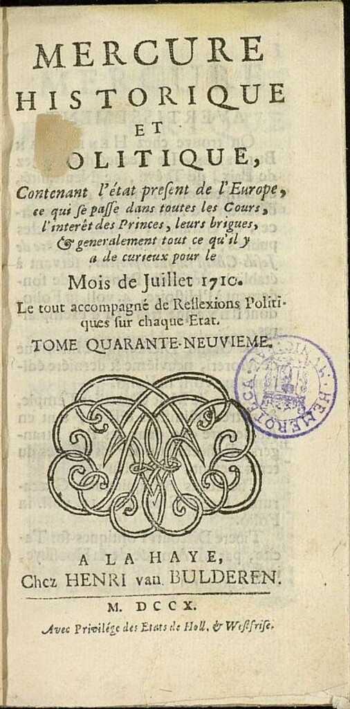 Miniatura de Mercure Historique et Politique : contenant l´état present de l´Europe de julio de 1710
