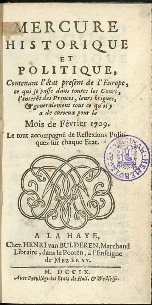 Miniatura de Mercure Historique et Politique : contenant l´état present de l´Europe de febrero de 1709