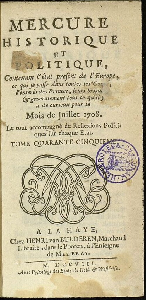 Miniatura de Mercure Historique et Politique : contenant l´état present de l´Europe de julio de 1708