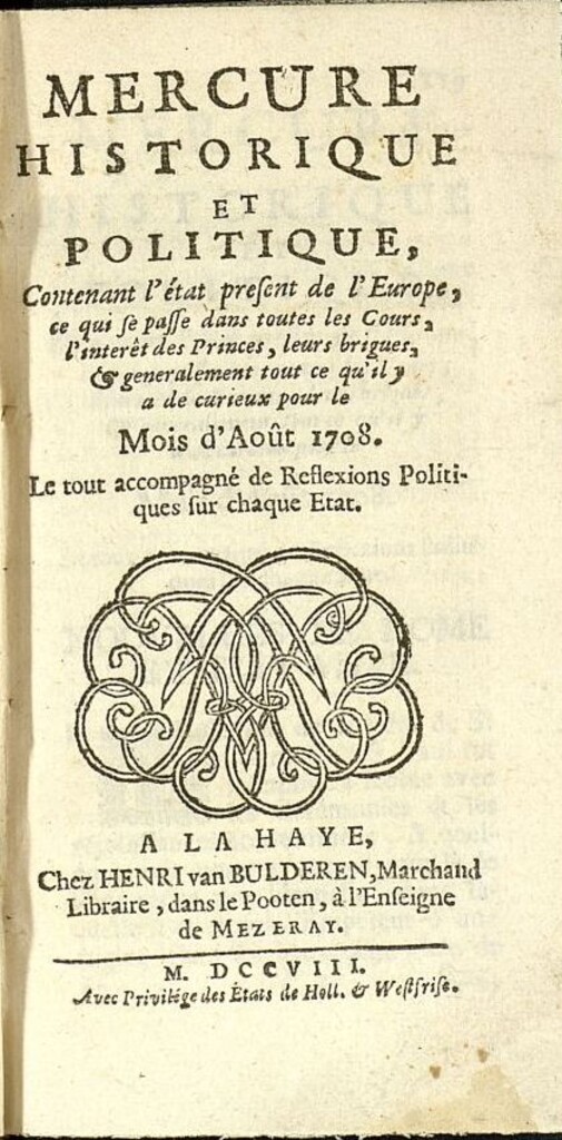 Miniatura de Mercure Historique et Politique : contenant l´état present de l´Europe de agosto de 1708