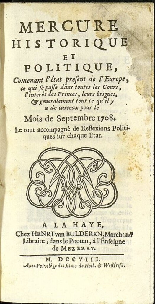 Miniatura de Mercure Historique et Politique : contenant l´état present de l´Europe de septiembre de 1708