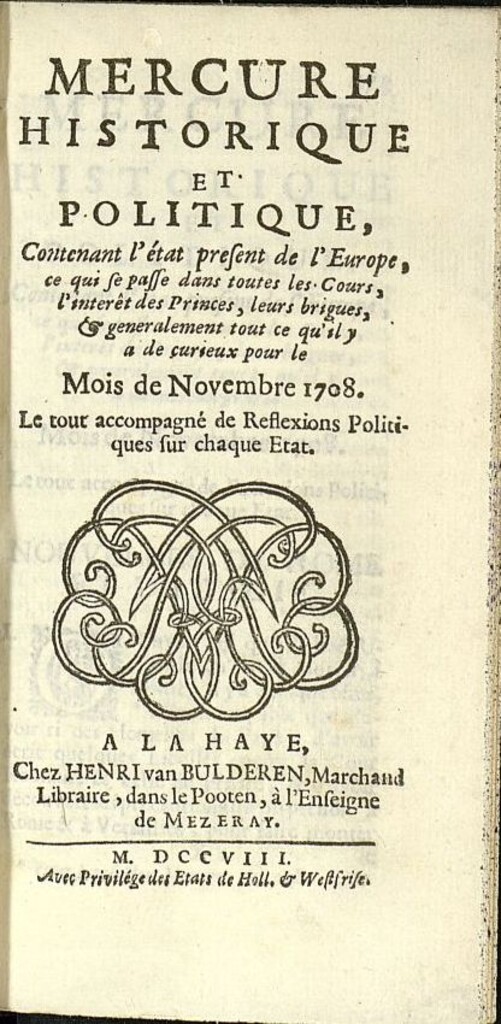 Miniatura de Mercure Historique et Politique : contenant l´état present de l´Europe de noviembre de 1708