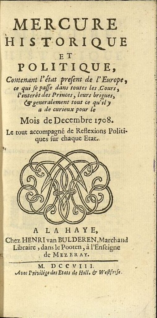 Miniatura de Mercure Historique et Politique : contenant l´état present de l´Europe de diciembre de 1708