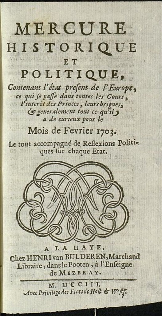 Miniatura de Mercure Historique et Politique : contenant l´état present de l´Europe de febrero de 1703
