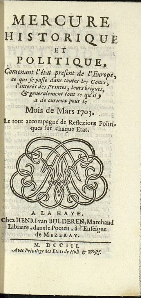 Miniatura de Mercure Historique et Politique : contenant l´état present de l´Europe de marzo de 1703