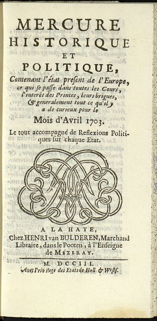 Miniatura de Mercure Historique et Politique : contenant l´état present de l´Europe de abril de 1703