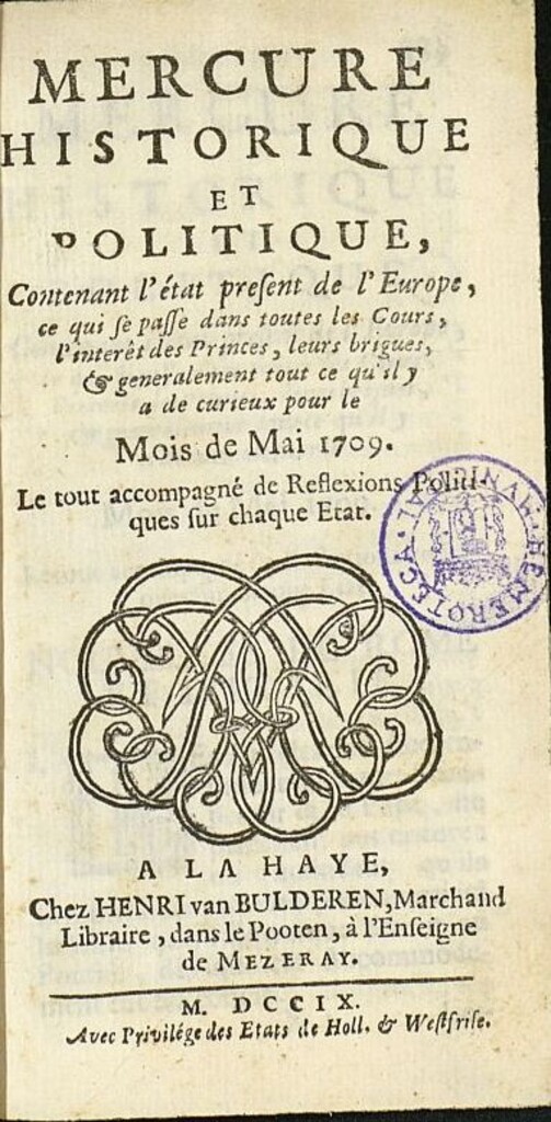 Miniatura de Mercure Historique et Politique : contenant l´état present de l´Europe de mayo de 1709