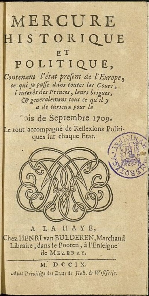 Miniatura de Mercure Historique et Politique : contenant l´état present de l´Europe de septiembre de 1709