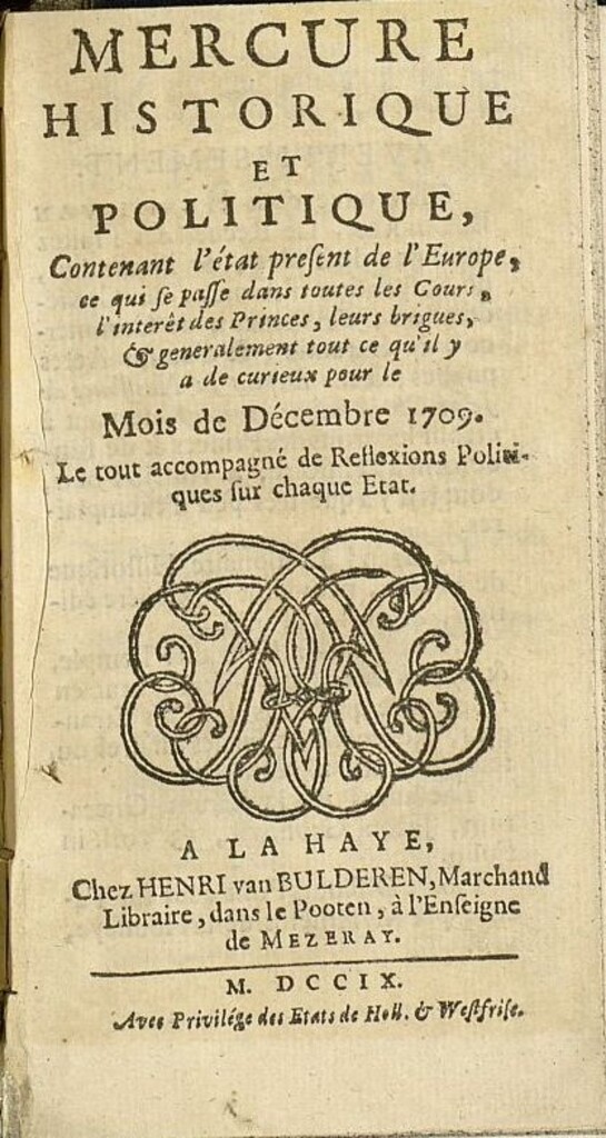Miniatura de Mercure Historique et Politique : contenant l´état present de l´Europe de diciembre de 1709