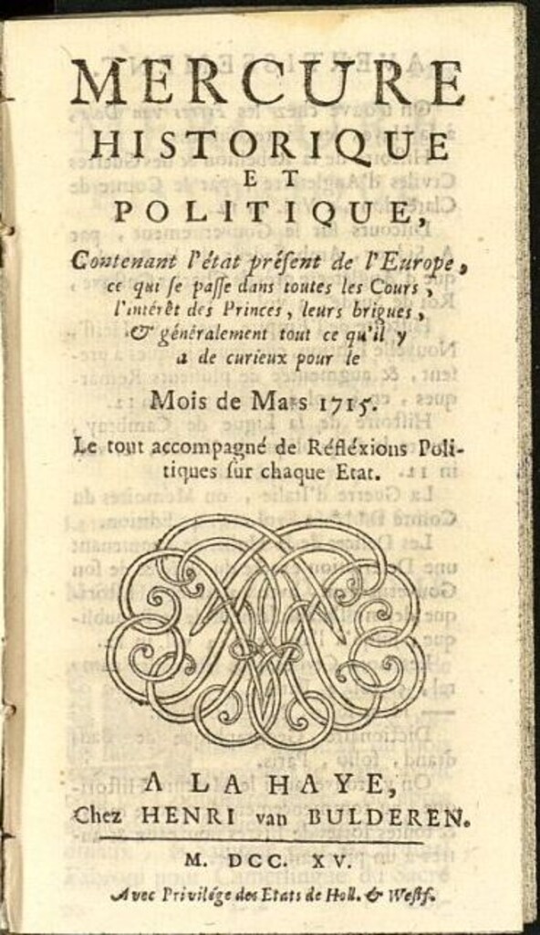 Miniatura de Mercure Historique et Politique : contenant l´état present de l´Europe de marzo de 1715