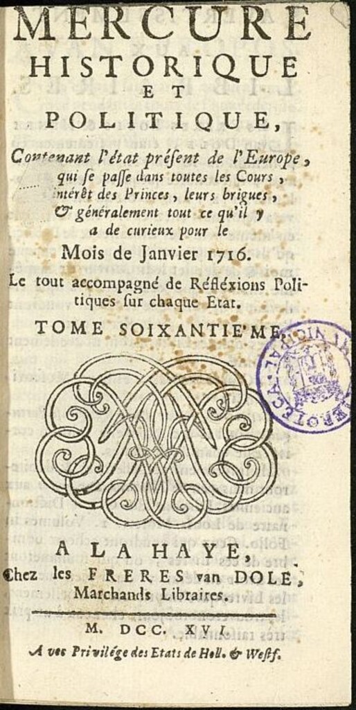 Miniatura de Mercure Historique et Politique : contenant l´état present de l´Europe de enero de 1716