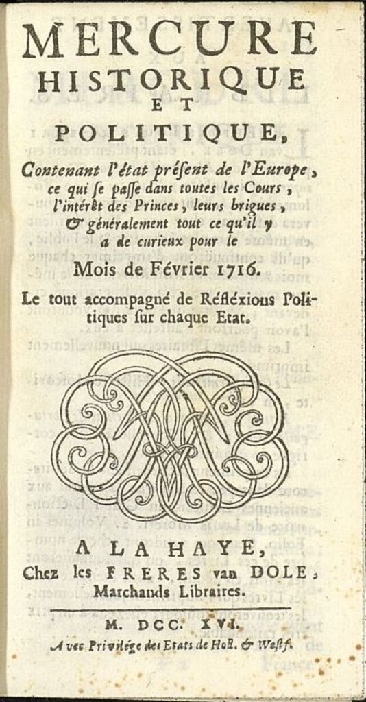 Miniatura de Mercure Historique et Politique : contenant l´état present de l´Europe de febrero de 1716