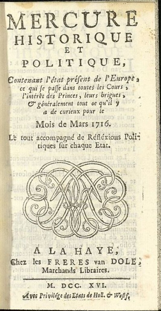 Miniatura de Mercure Historique et Politique : contenant l´état present de l´Europe de marzo de 1716