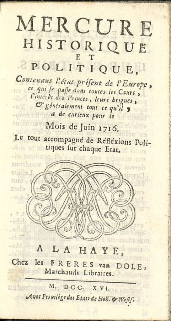 Miniatura de Mercure Historique et Politique : contenant l´état present de l´Europe de junio de 1716
