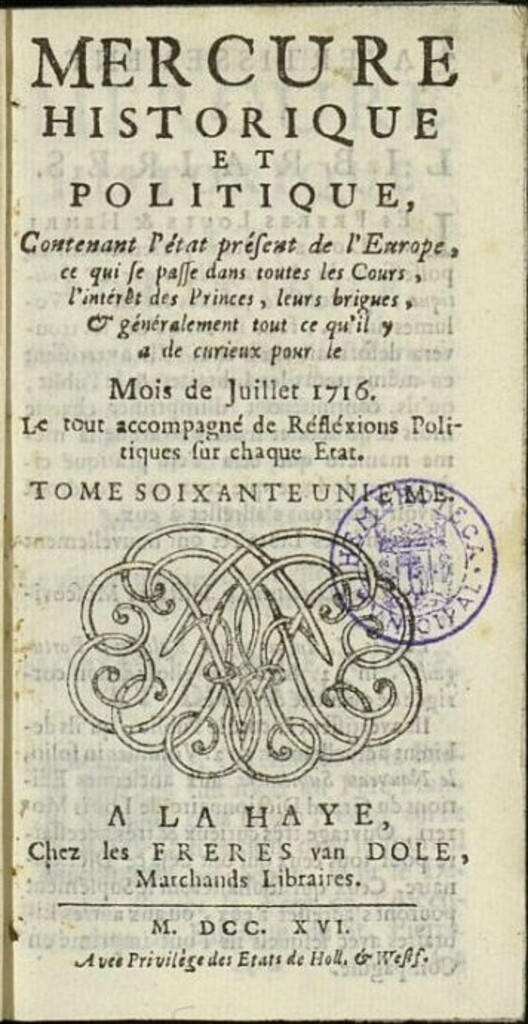 Miniatura de Mercure Historique et Politique : contenant l´état present de l´Europe de julio de 1716