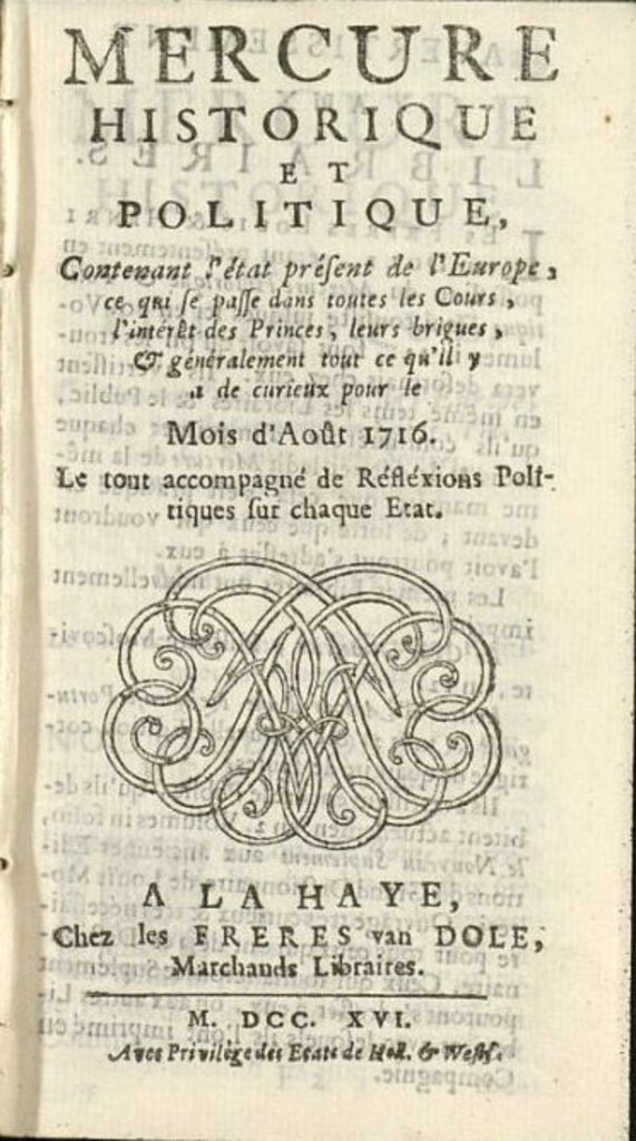 Miniatura de Mercure Historique et Politique : contenant l´état present de l´Europe de agosto de 1716