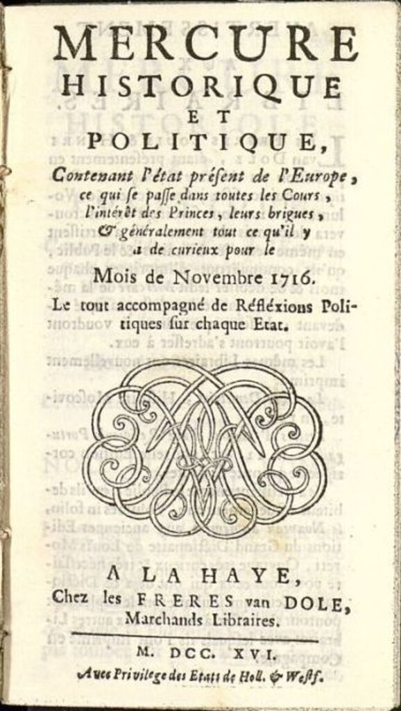 Miniatura de Mercure Historique et Politique : contenant l´état present de l´Europe de noviembre de 1716