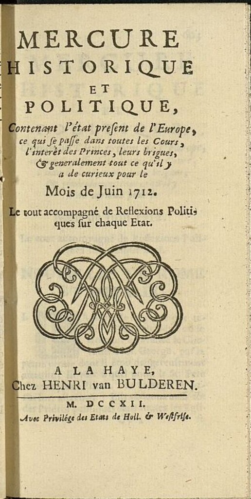Miniatura de Mercure Historique et Politique : contenant l´état present de l´Europe de junio de 1712