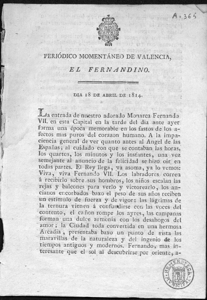Miniatura de Periódico momentáneo de Valencia: el fernandino del día 18 de abril de 1814