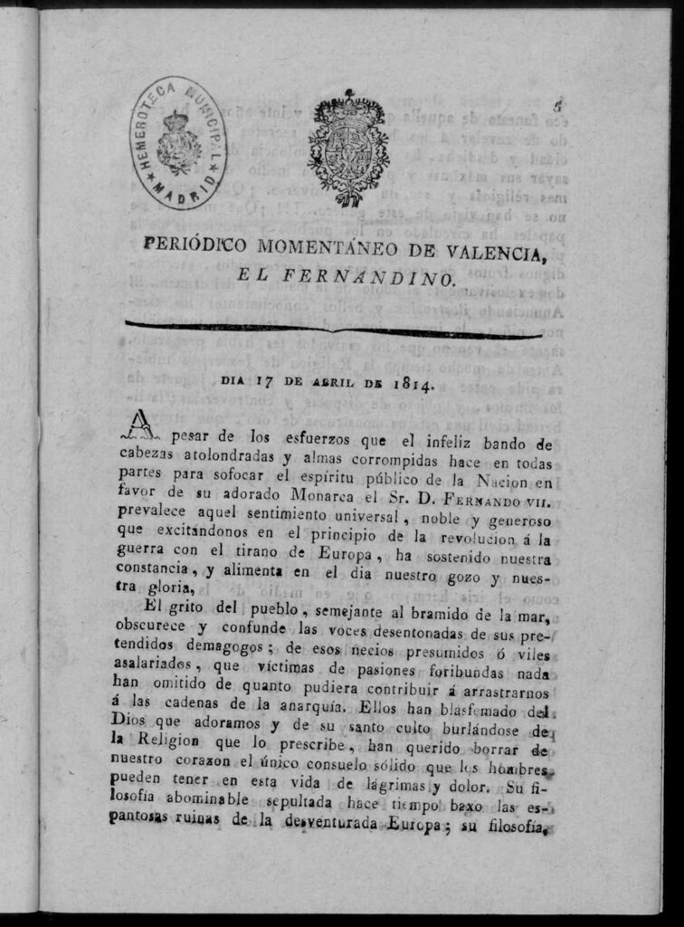 Miniatura de Periódico Momentáneo de Valencia : el fernandino del día 17 de Abril de 1814