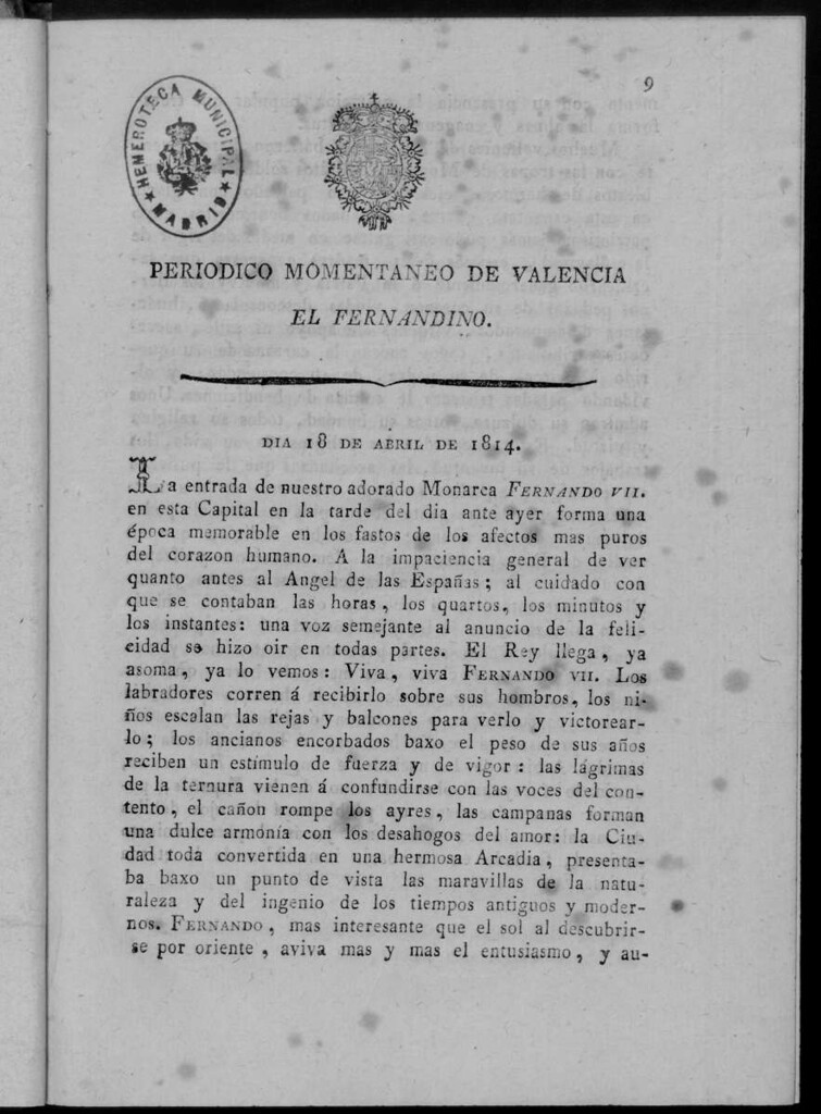 Miniatura de Periódico Momentáneo de Valencia : el fernandino del día 18 de Abril de 1814