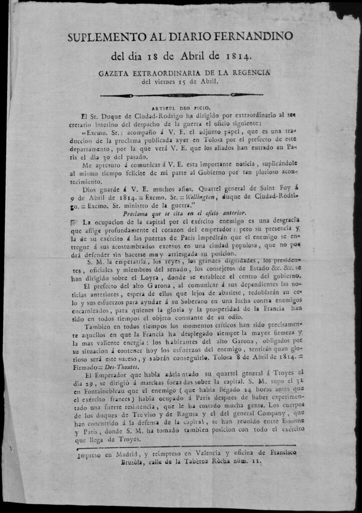 Miniatura de Periódico Momentáneo de Valencia : el fernandino. Suplemento al diario fernandino del día 18 de Abril de 1814. Gazeta extraordinaria de la regencia del viernes 15 de Abril.