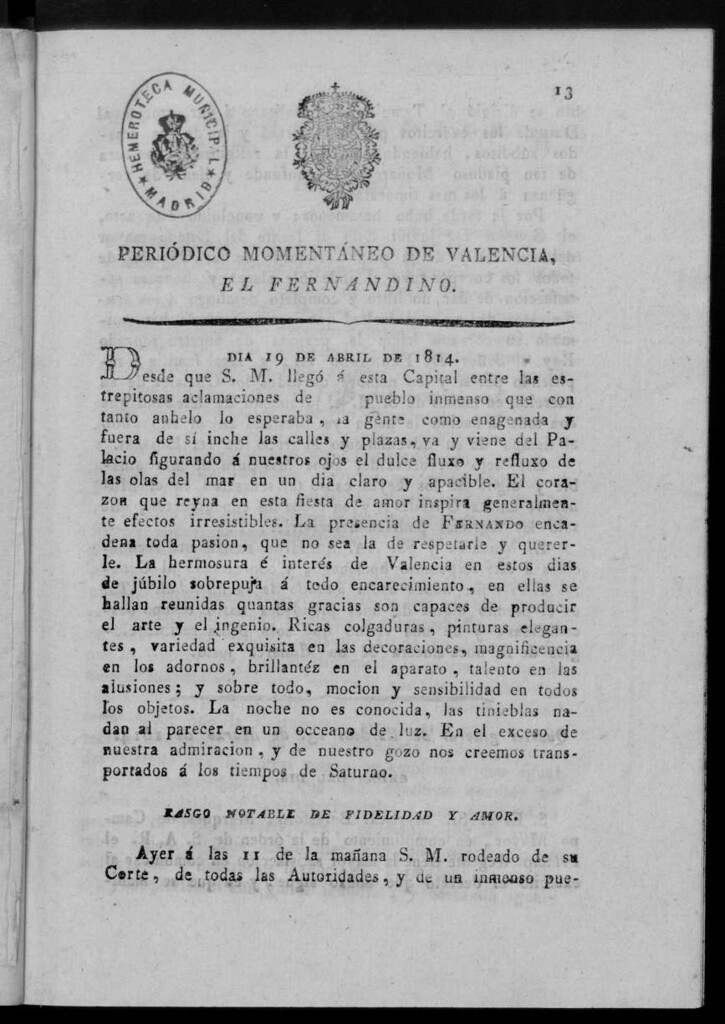 Miniatura de Periódico Momentáneo de Valencia : el fernandino del día 19 de Abril de 1814.