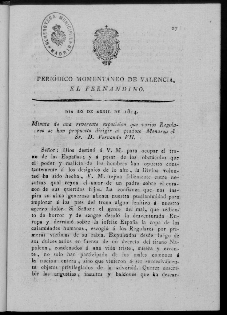 Miniatura de Periódico Momentáneo de Valencia : el fernandino del día 20 de Abril de 1814.