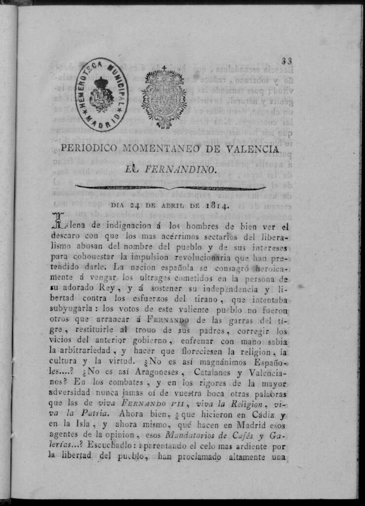 Miniatura de Periódico Momentáneo de Valencia : el fernandino del día 24 de Abril de 1814.