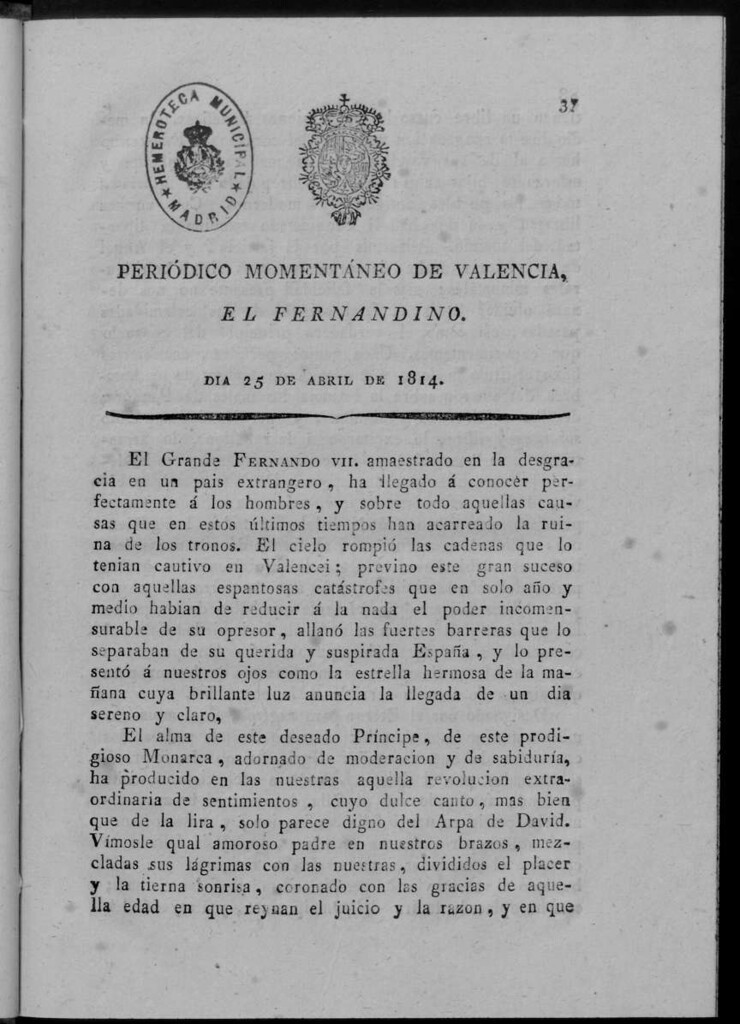 Miniatura de Periódico Momentáneo de Valencia : el fernandino del día 25 de Abril de 1814.