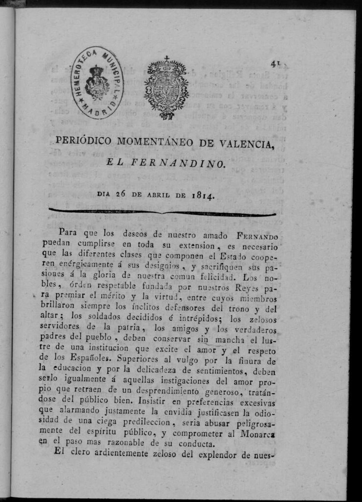 Miniatura de Periódico Momentáneo de Valencia : el fernandino del día 26 de Abril de 1814.