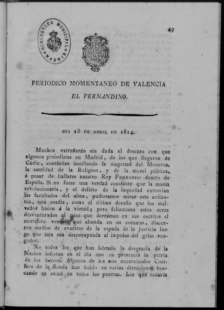 Miniatura de Periódico Momentáneo de Valencia : el fernandino del día 28 de Abril de 1814.