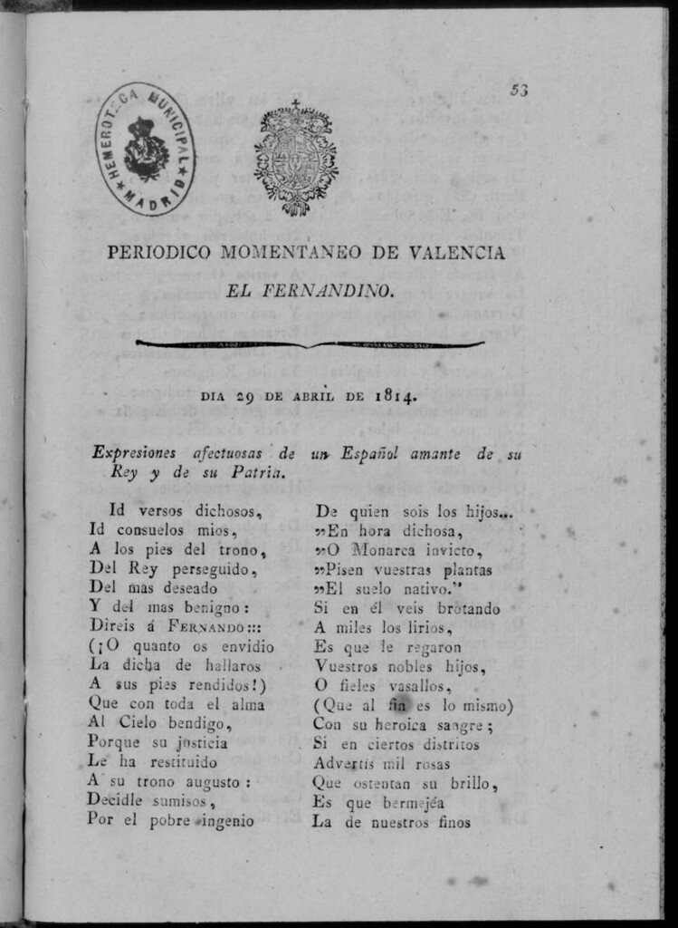 Miniatura de Periódico Momentáneo de Valencia : el fernandino del día 29 de Abril de 1814.
