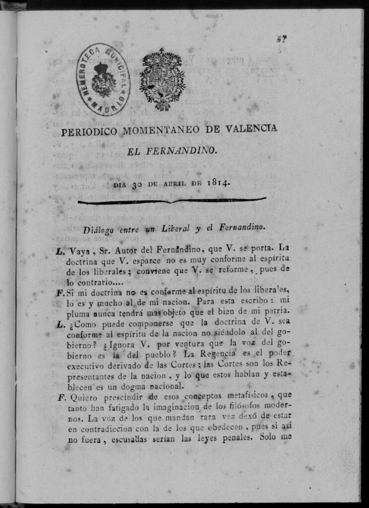 Miniatura de Periódico Momentáneo de Valencia : el fernandino del día 30 de Abril de 1814.