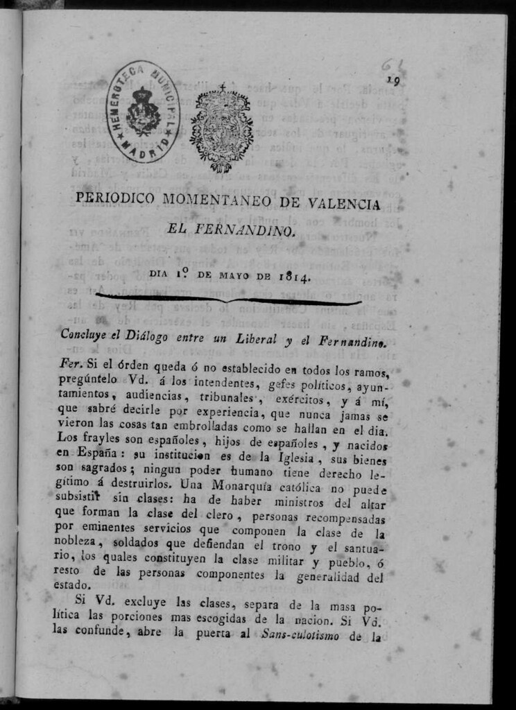 Miniatura de Periódico Momentáneo de Valencia : el fernandino del día 1 de Mayo de 1814.