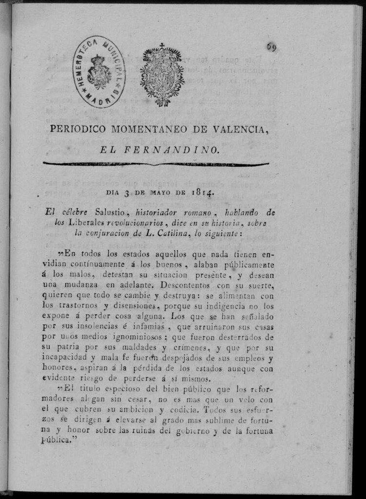 Miniatura de Periódico Momentáneo de Valencia : el fernandino del día 3 de Mayo de 1814.