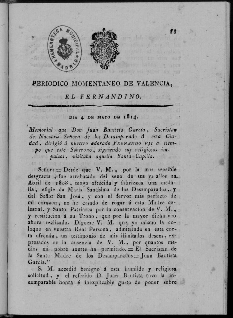 Miniatura de Periódico Momentáneo de Valencia : el fernandino del día 4 de Mayo de 1814.