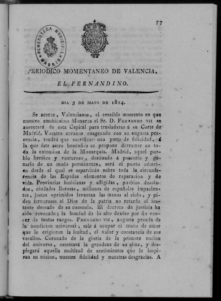 Miniatura de Periódico Momentáneo de Valencia : el fernandino del día 5 de Mayo de 1814.
