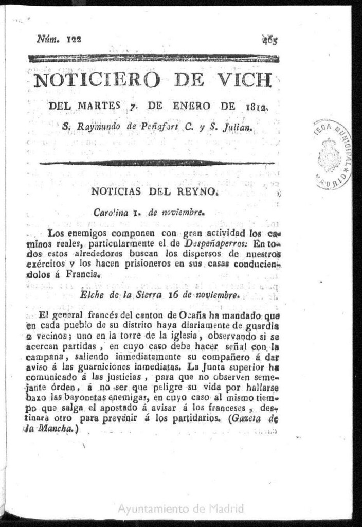 Miniatura de Noticiero de Vich del martes 7 de enero de 1812