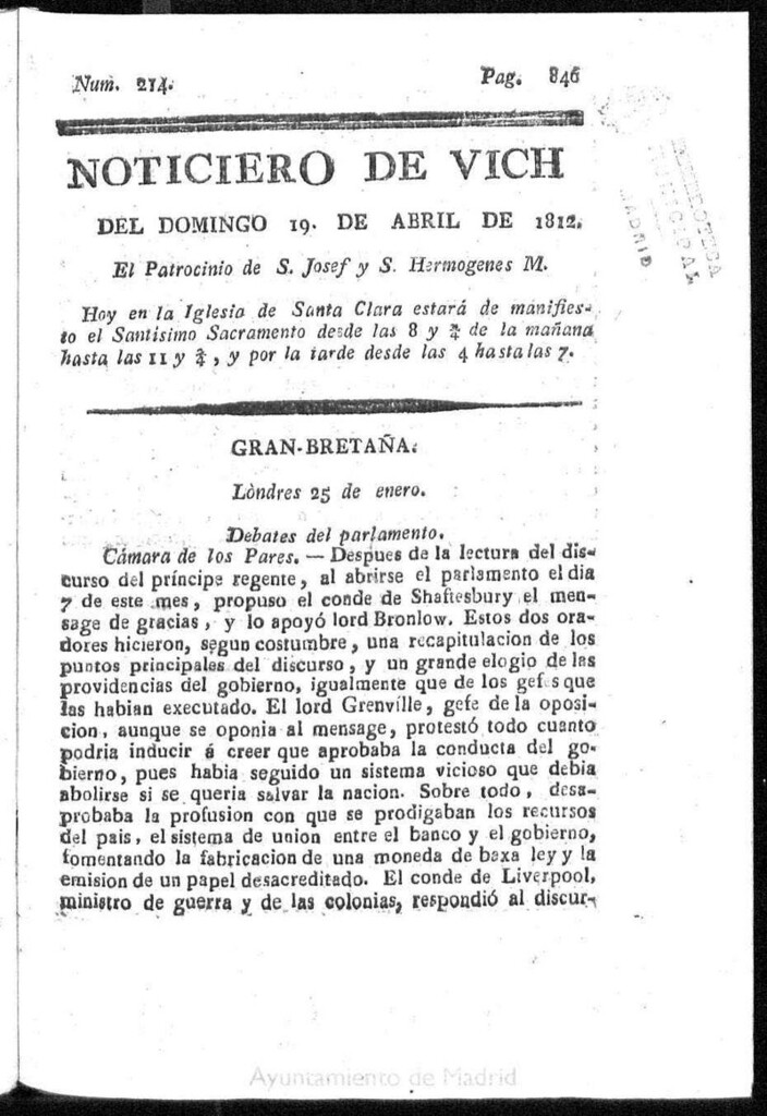 Miniatura de Noticiero de Vich del domingo 19 de abril de 1812