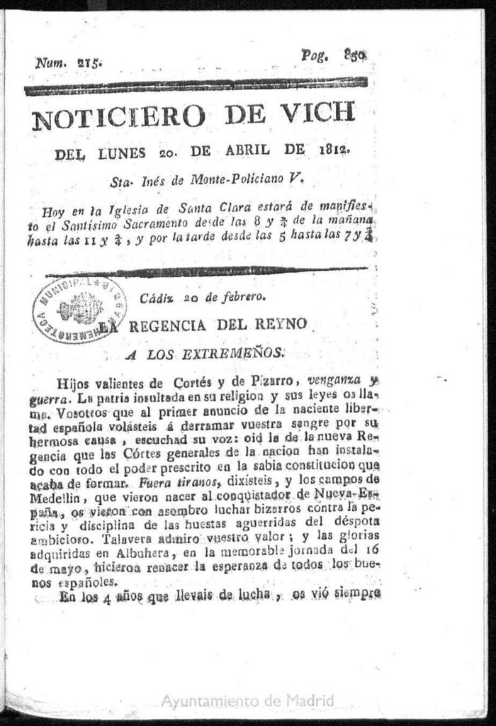 Miniatura de Noticiero de Vich del lunes 20 de abril de 1812