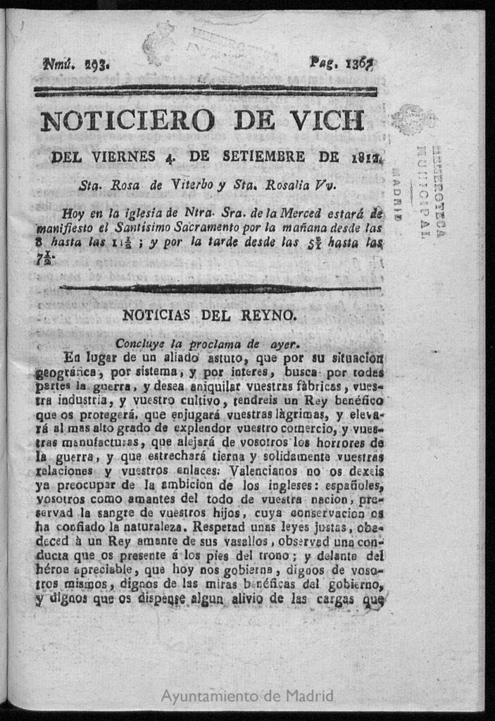 Miniatura de Noticiero de Vich del viernes 4 de septiembre de 1812