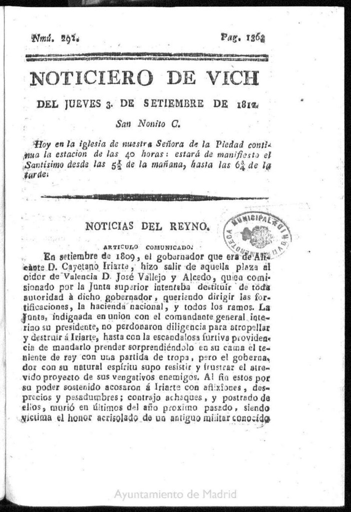 Miniatura de Noticiero de Vich del jueves 3 de septiembre de 1812