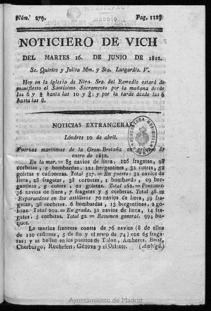 Miniatura de Noticiero de Vich del martes 16 de junio de 1812