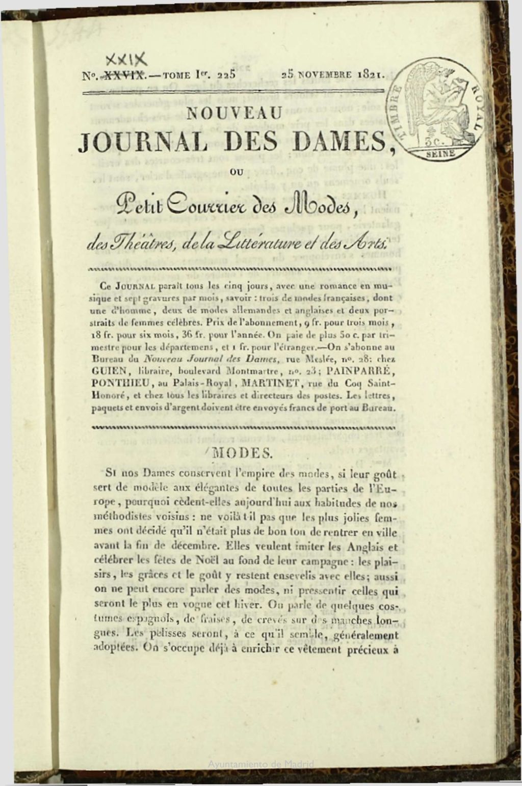 Miniatura de Nouveau Journal des Dames del 25 de Noviembre de 1821